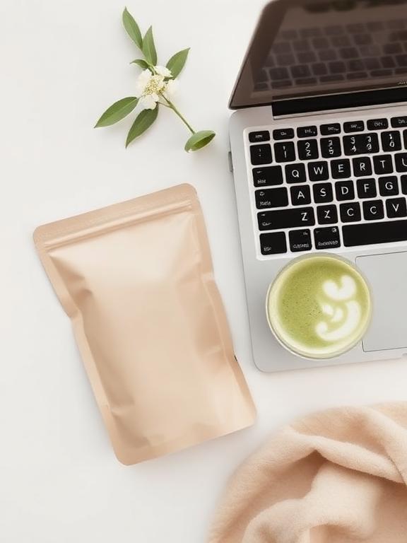 deg pouch next to a macbook and matcha